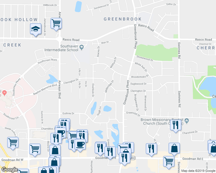 map of restaurants, bars, coffee shops, grocery stores, and more near 7592 Millbridge Drive in Southaven