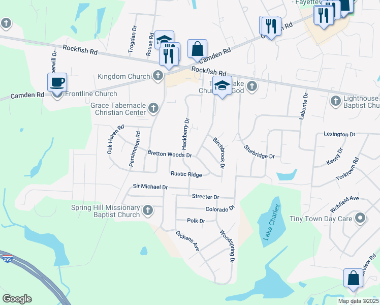 map of restaurants, bars, coffee shops, grocery stores, and more near 6236 Bretton Woods Drive in Hope Mills