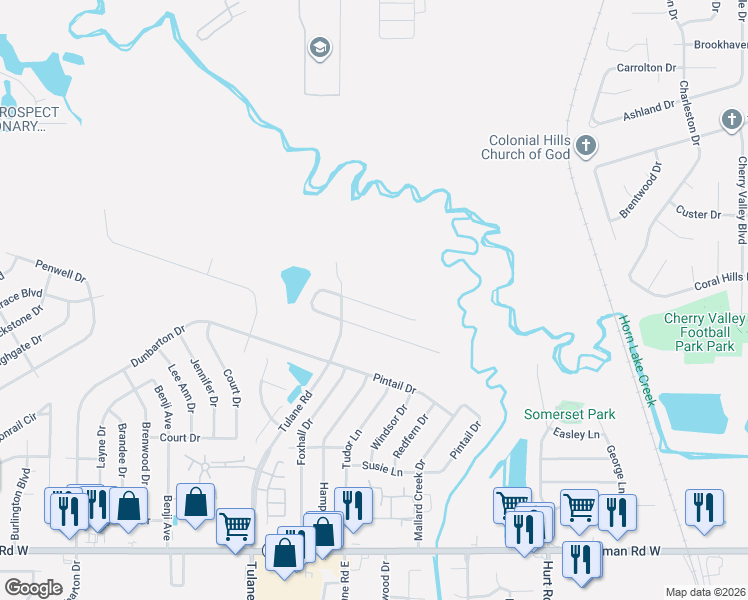 map of restaurants, bars, coffee shops, grocery stores, and more near 2955 Connor Reed Drive in Horn Lake