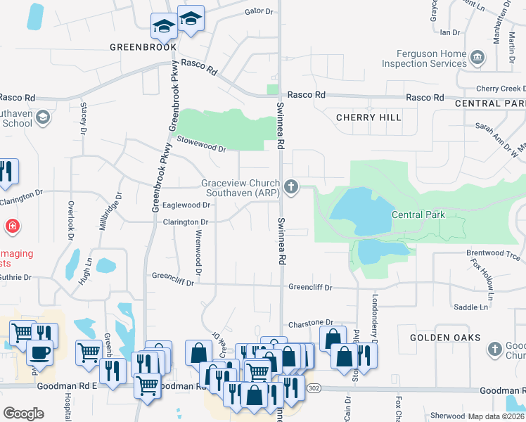 map of restaurants, bars, coffee shops, grocery stores, and more near 7609 Clarkfield Place in Southaven