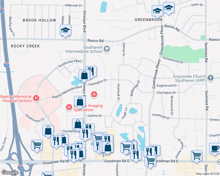 map of restaurants, bars, coffee shops, grocery stores, and more near 7608 Lilly Drive in Southaven