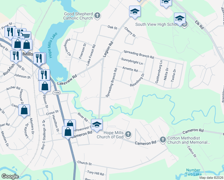 map of restaurants, bars, coffee shops, grocery stores, and more near 5819 Spreading Branch Road in Hope Mills