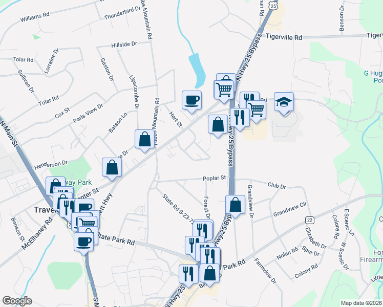 map of restaurants, bars, coffee shops, grocery stores, and more near 110 Hemlock Drive in Travelers Rest