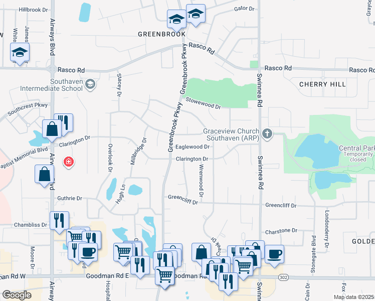 map of restaurants, bars, coffee shops, grocery stores, and more near 612 Clarington Drive in Southaven