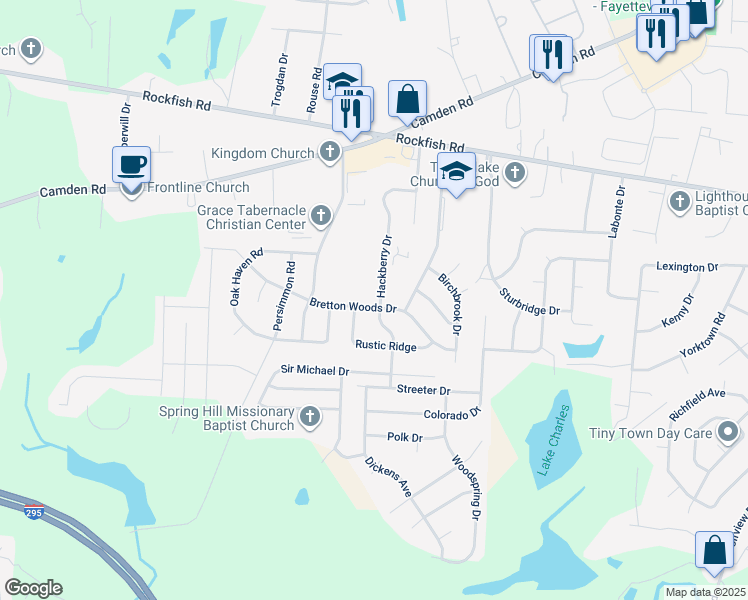 map of restaurants, bars, coffee shops, grocery stores, and more near 6300 Bretton Woods Drive in Hope Mills