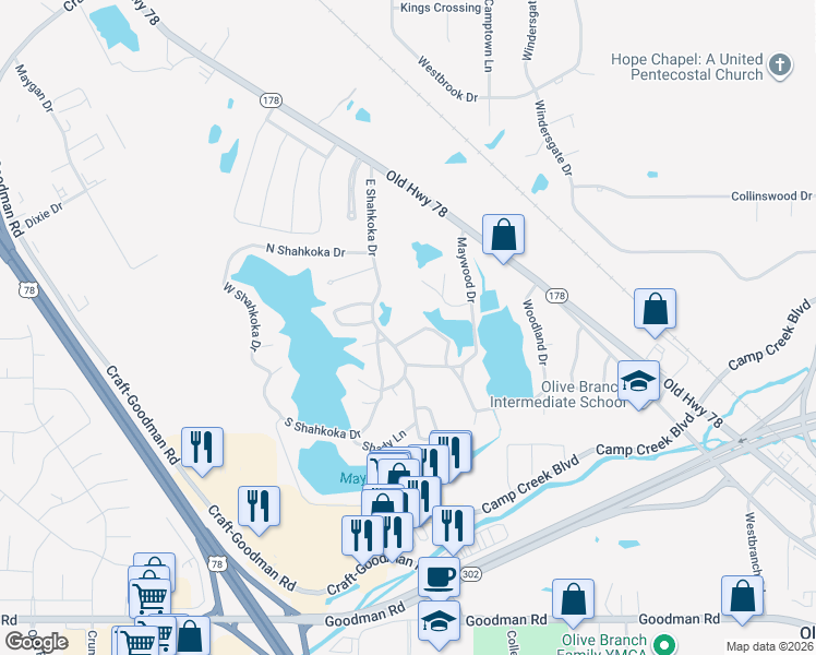 map of restaurants, bars, coffee shops, grocery stores, and more near 8120 Woodson Drive in Olive Branch