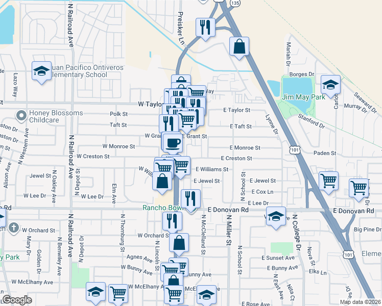 map of restaurants, bars, coffee shops, grocery stores, and more near 220 East Grant Street in Santa Maria