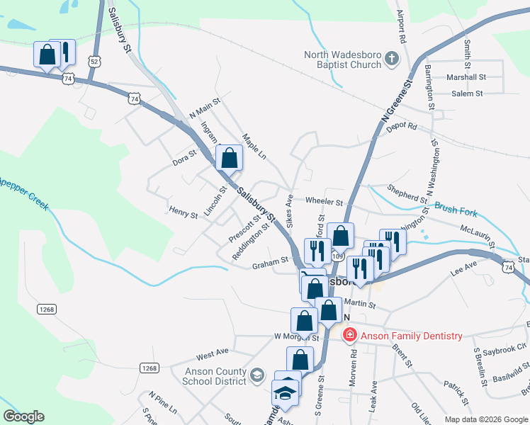 map of restaurants, bars, coffee shops, grocery stores, and more near 515 Salisbury Street in Wadesboro
