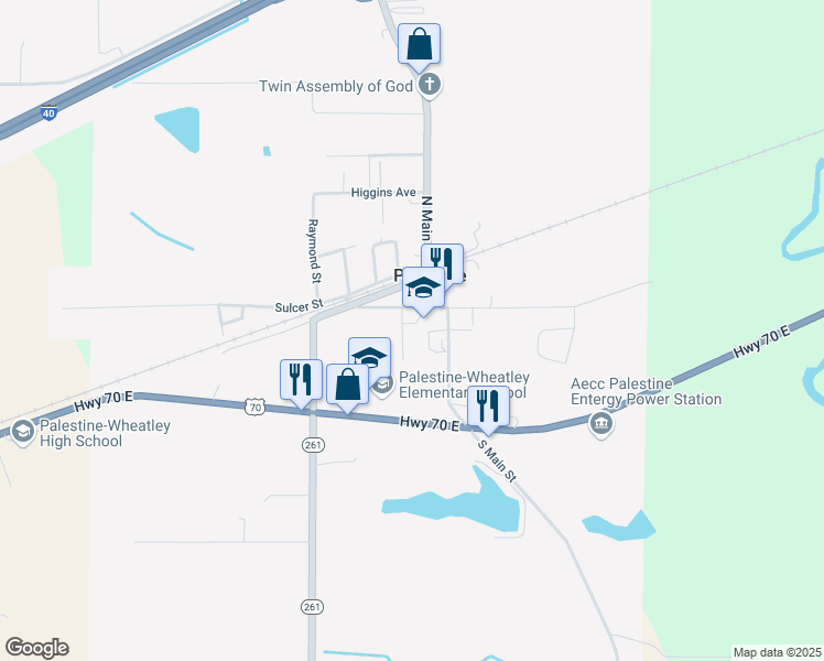 map of restaurants, bars, coffee shops, grocery stores, and more near 105 West Wood Avenue in Palestine