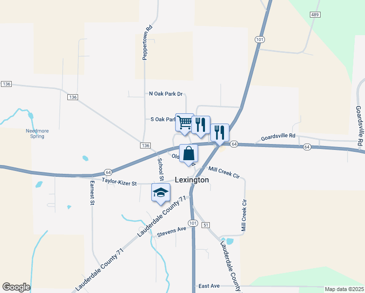 map of restaurants, bars, coffee shops, grocery stores, and more near Alabama 64 in Lexington