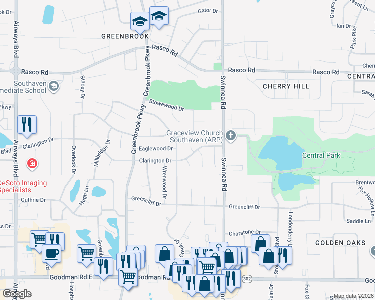 map of restaurants, bars, coffee shops, grocery stores, and more near 851 Clarington Drive in Southaven