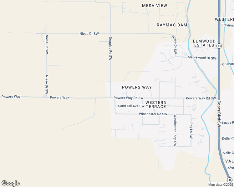 map of restaurants, bars, coffee shops, grocery stores, and more near 5630 Powers Way Road Southwest in Albuquerque