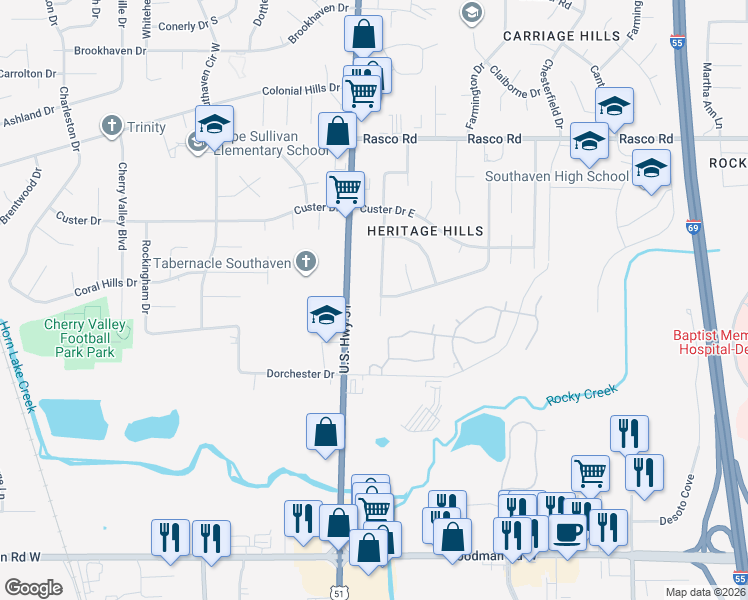 map of restaurants, bars, coffee shops, grocery stores, and more near 7573 Davis Parkway in Southaven