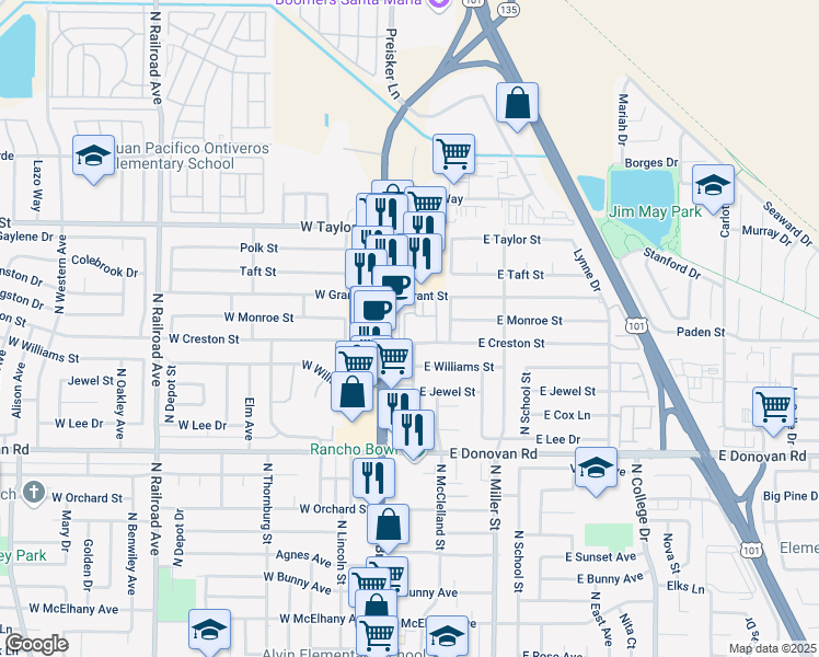map of restaurants, bars, coffee shops, grocery stores, and more near 220 Grant Street in Santa Maria