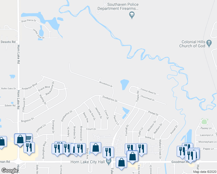 map of restaurants, bars, coffee shops, grocery stores, and more near 7525 Woodshire Drive in Horn Lake
