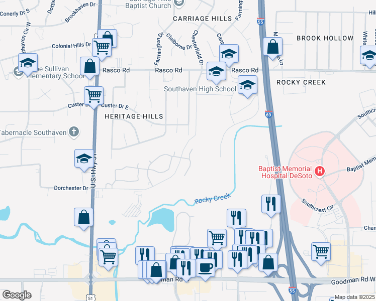 map of restaurants, bars, coffee shops, grocery stores, and more near 7705 Carri Layne in Southaven