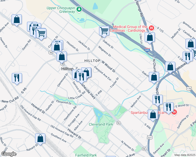 map of restaurants, bars, coffee shops, grocery stores, and more near 459 West Centennial Street in Spartanburg