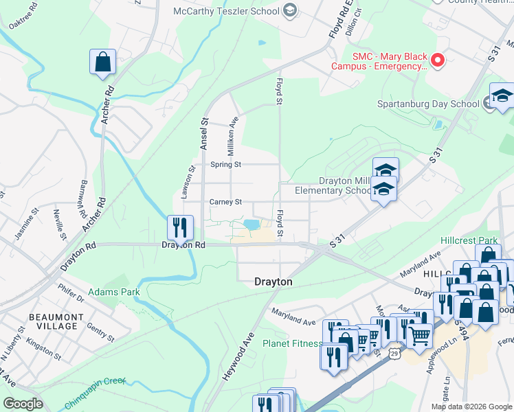 map of restaurants, bars, coffee shops, grocery stores, and more near 154 Skyuka Circle in Landrum