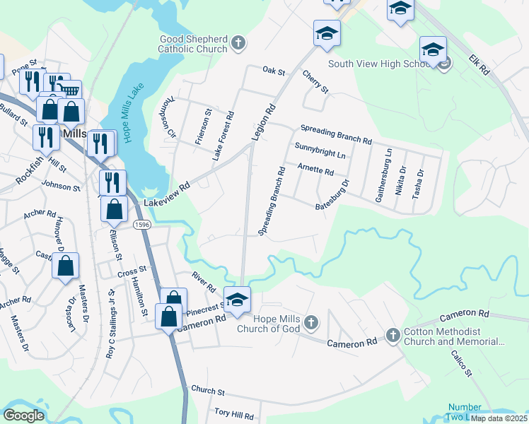 map of restaurants, bars, coffee shops, grocery stores, and more near 5816 Spreading Branch Road in Hope Mills