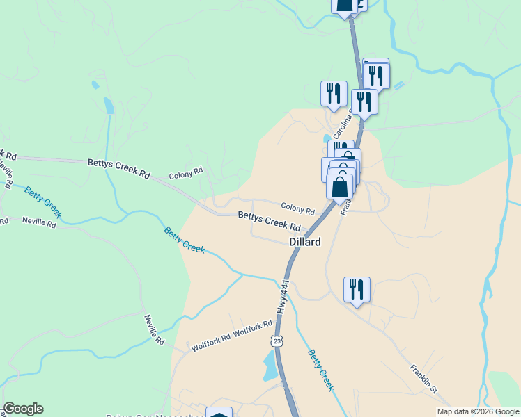 map of restaurants, bars, coffee shops, grocery stores, and more near 92 Short Street in Dillard