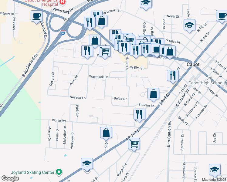 map of restaurants, bars, coffee shops, grocery stores, and more near 67 Saint John Street in Cabot