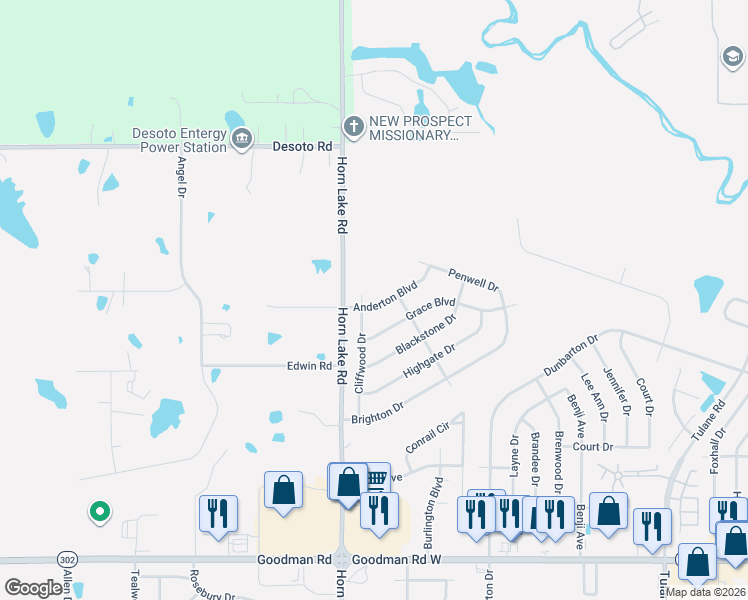 map of restaurants, bars, coffee shops, grocery stores, and more near 7473 Cliffwood Drive in Horn Lake