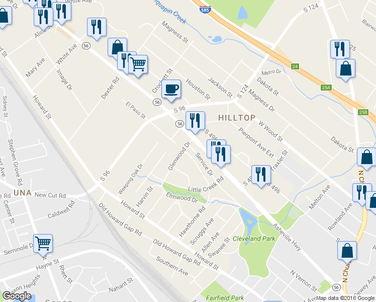 map of restaurants, bars, coffee shops, grocery stores, and more near 501 El Paso Street in Spartanburg