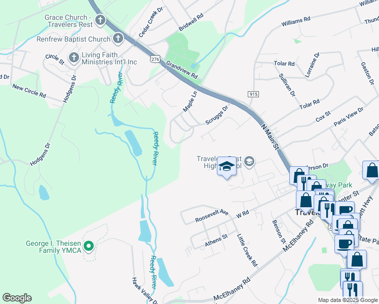map of restaurants, bars, coffee shops, grocery stores, and more near 50 Maple Lane in Travelers Rest