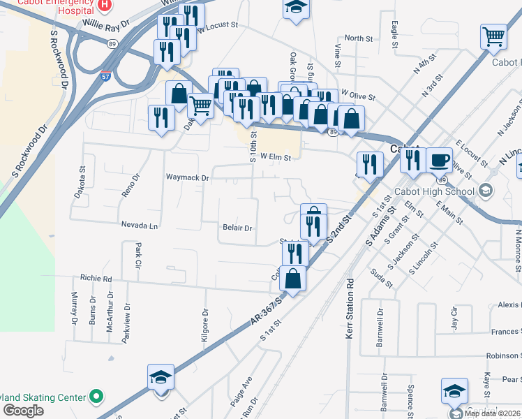 map of restaurants, bars, coffee shops, grocery stores, and more near 25 South 10th Street in Cabot