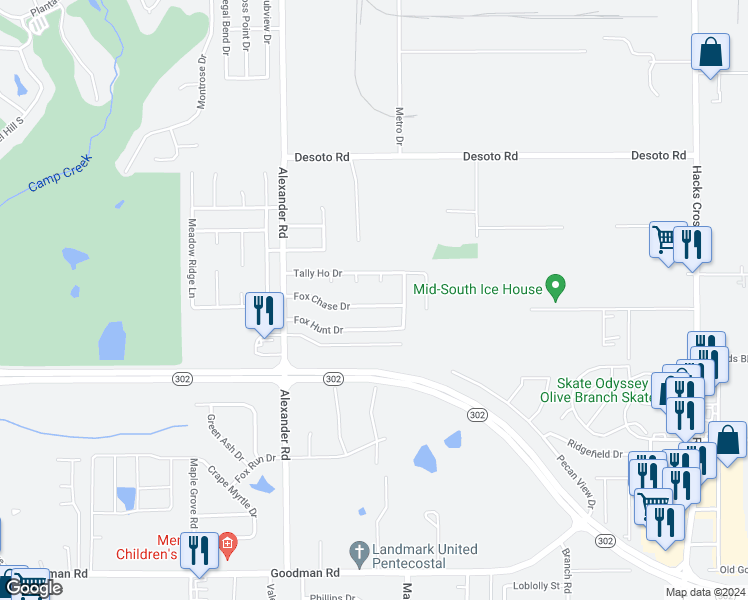 map of restaurants, bars, coffee shops, grocery stores, and more near 10176 Fox Chase Drive in Olive Branch