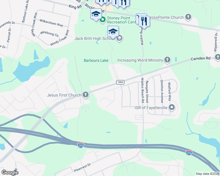 map of restaurants, bars, coffee shops, grocery stores, and more near 2704 Plum Ridge Road in Fayetteville