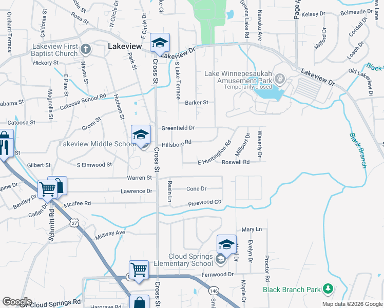map of restaurants, bars, coffee shops, grocery stores, and more near 222 Hillsboro Road in Rossville