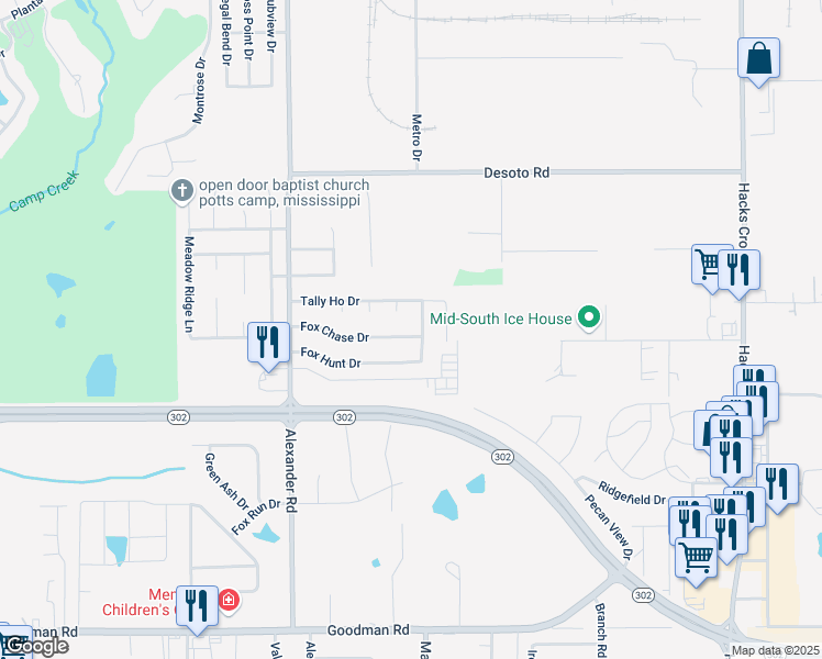 map of restaurants, bars, coffee shops, grocery stores, and more near 10246 Fox Chase Drive in Olive Branch