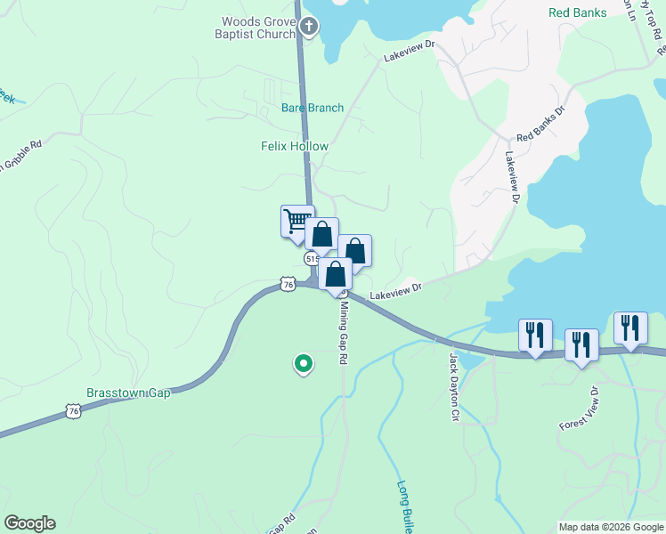 map of restaurants, bars, coffee shops, grocery stores, and more near 1688C Lakeview Drive in Young Harris