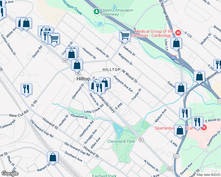 map of restaurants, bars, coffee shops, grocery stores, and more near 459 West Centennial Street in Spartanburg