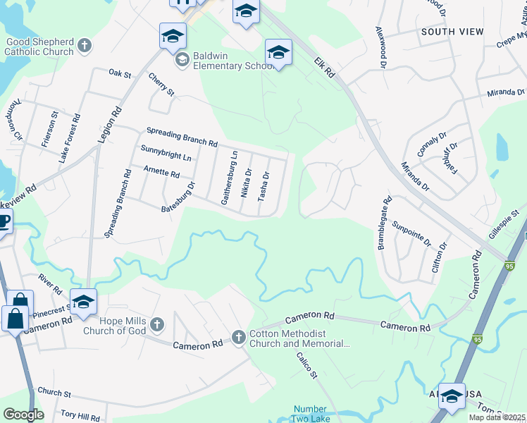 map of restaurants, bars, coffee shops, grocery stores, and more near 3945 Tasha Drive in Hope Mills