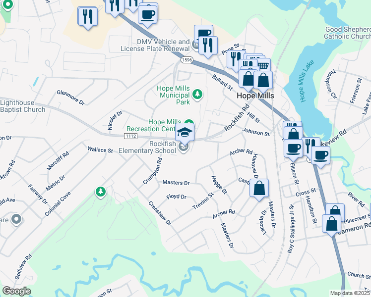 map of restaurants, bars, coffee shops, grocery stores, and more near 5763 Rockfish Road in Hope Mills