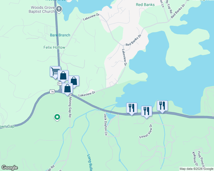 map of restaurants, bars, coffee shops, grocery stores, and more near 1724A Water Crest Way in Young Harris