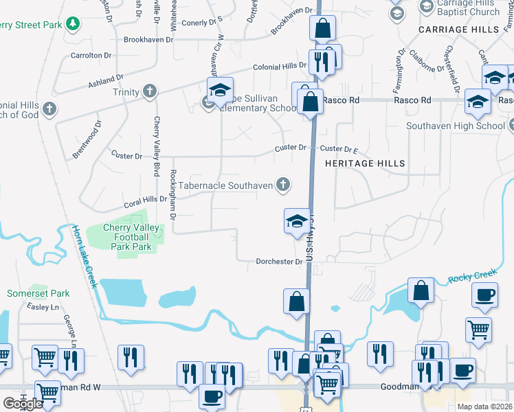 map of restaurants, bars, coffee shops, grocery stores, and more near 7580 Coral Meadows Drive in Southaven