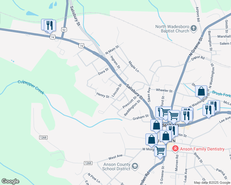 map of restaurants, bars, coffee shops, grocery stores, and more near 503 Lincoln Street in Wadesboro