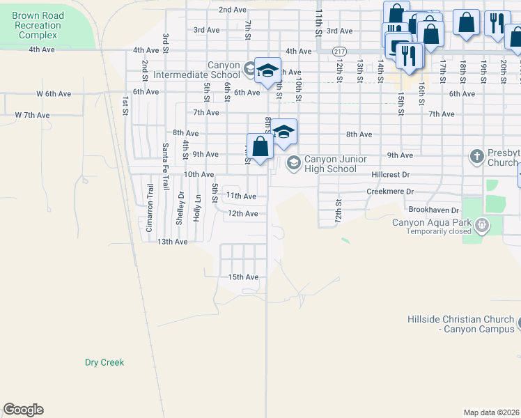 map of restaurants, bars, coffee shops, grocery stores, and more near 1102 8th Street in Canyon