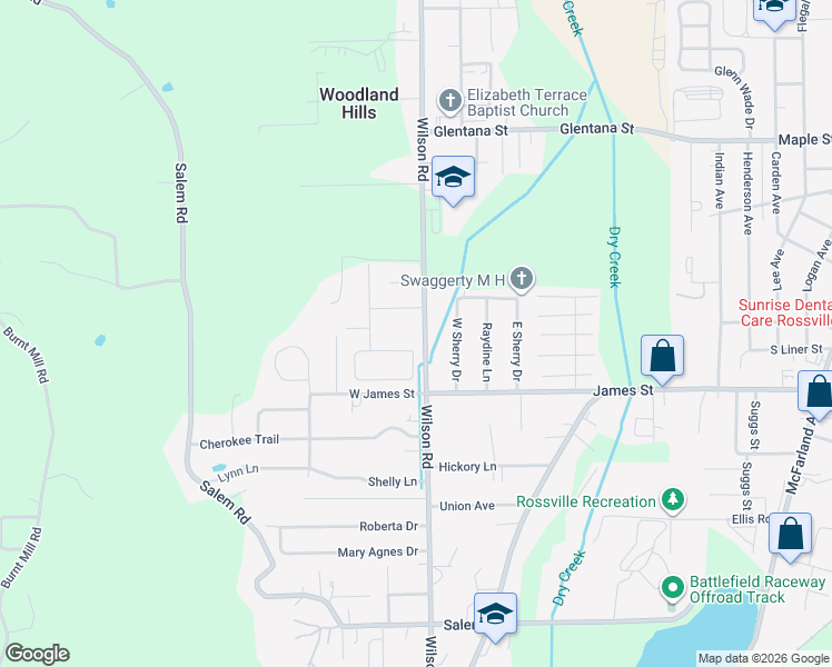 map of restaurants, bars, coffee shops, grocery stores, and more near 1332 Wilson Road in Rossville