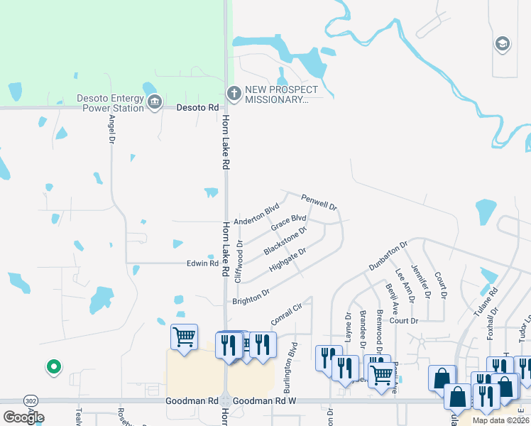 map of restaurants, bars, coffee shops, grocery stores, and more near 4151 Anderton Boulevard in Horn Lake