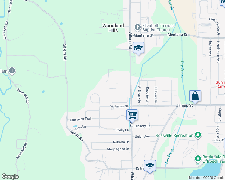 map of restaurants, bars, coffee shops, grocery stores, and more near 1345 West Crestview in Rossville