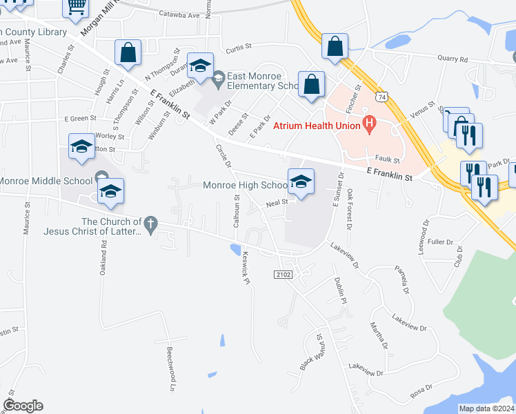 map of restaurants, bars, coffee shops, grocery stores, and more near 1010 Circle Drive in Monroe