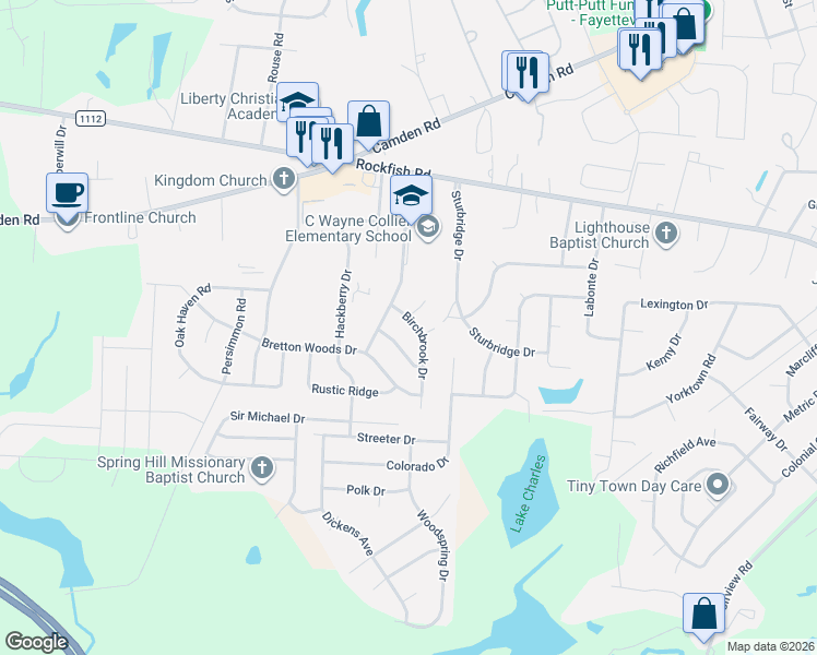 map of restaurants, bars, coffee shops, grocery stores, and more near 6247 Birchbrook Drive in Hope Mills