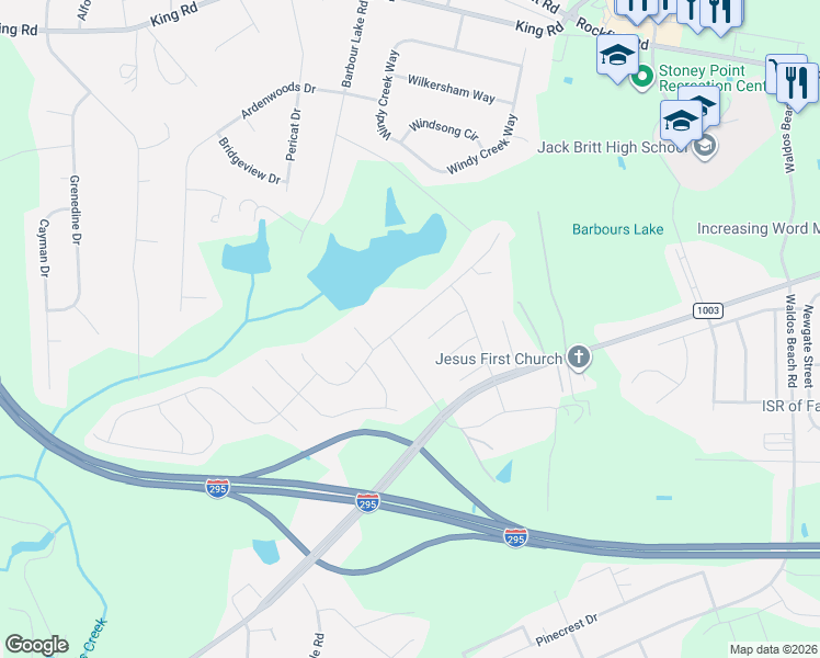 map of restaurants, bars, coffee shops, grocery stores, and more near 4232 Redspire Lane in Fayetteville
