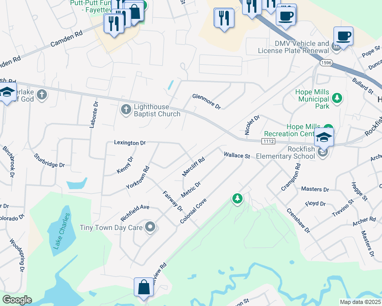map of restaurants, bars, coffee shops, grocery stores, and more near 5928 Lexington Drive in Hope Mills