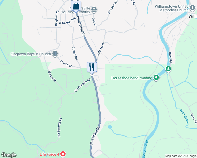 map of restaurants, bars, coffee shops, grocery stores, and more near 1217 Blue Ridge Drive in McCaysville