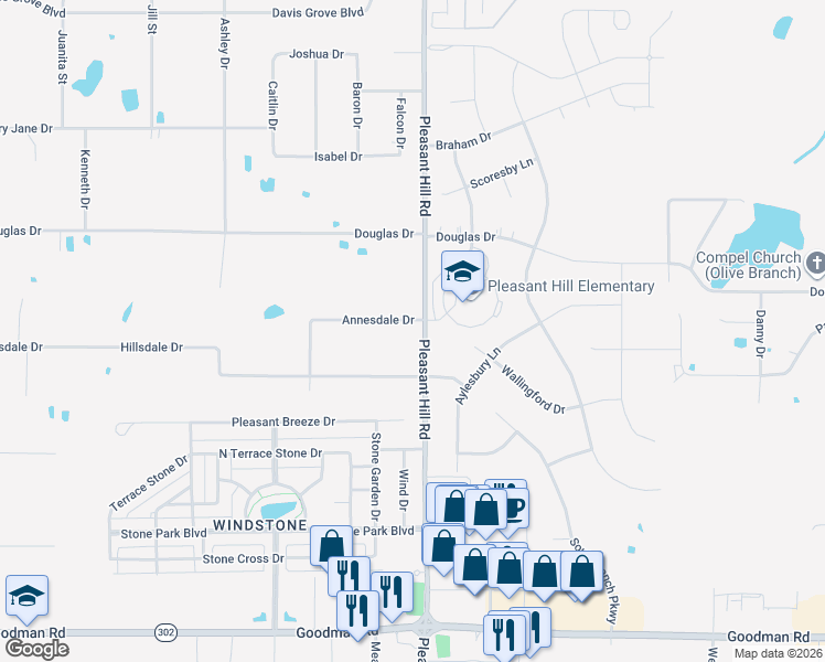map of restaurants, bars, coffee shops, grocery stores, and more near 4971 Annesdale Drive in Olive Branch